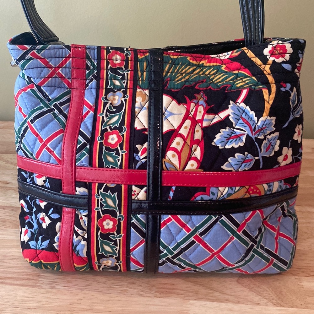 Vera Bradley Quilted Floral Geometric Print and Patent Handle Shoulder Bag